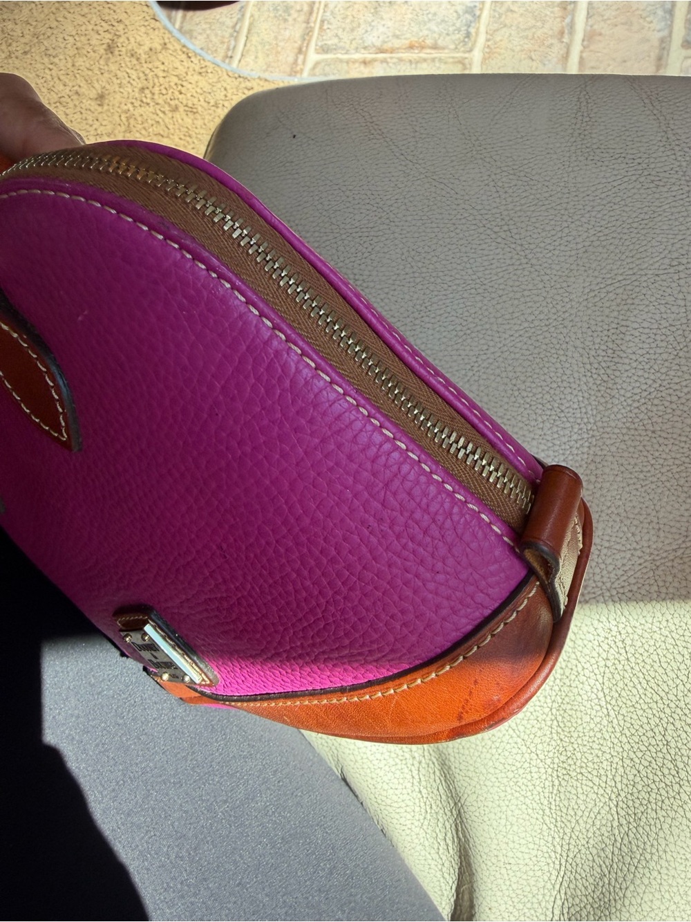 Dooney & Bourke Fuchsia Pebble Leather Mini Satchel with Brown Trim - Picture 6 of 11